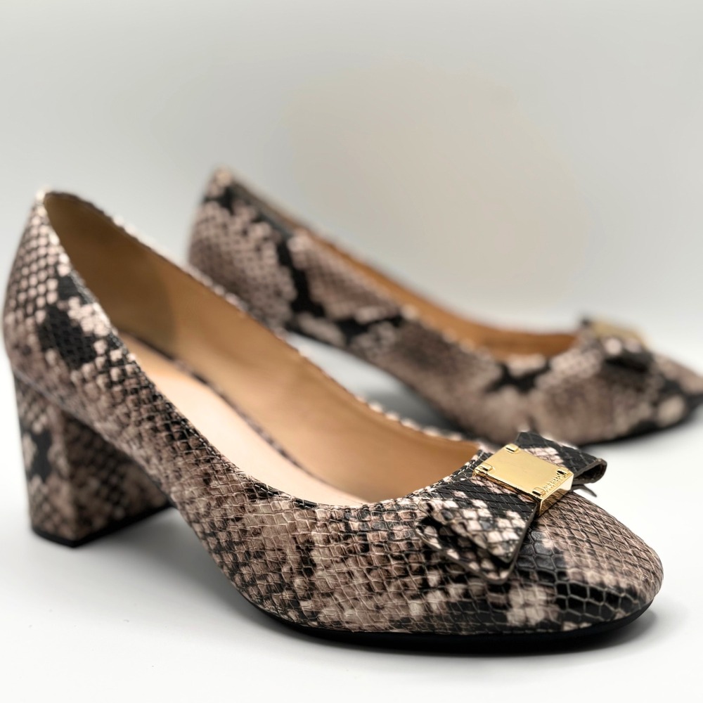 Cole Haan Tali Bow Pumps, Size 9 Roccia Snake Print Block Heel Office Bow Preppy